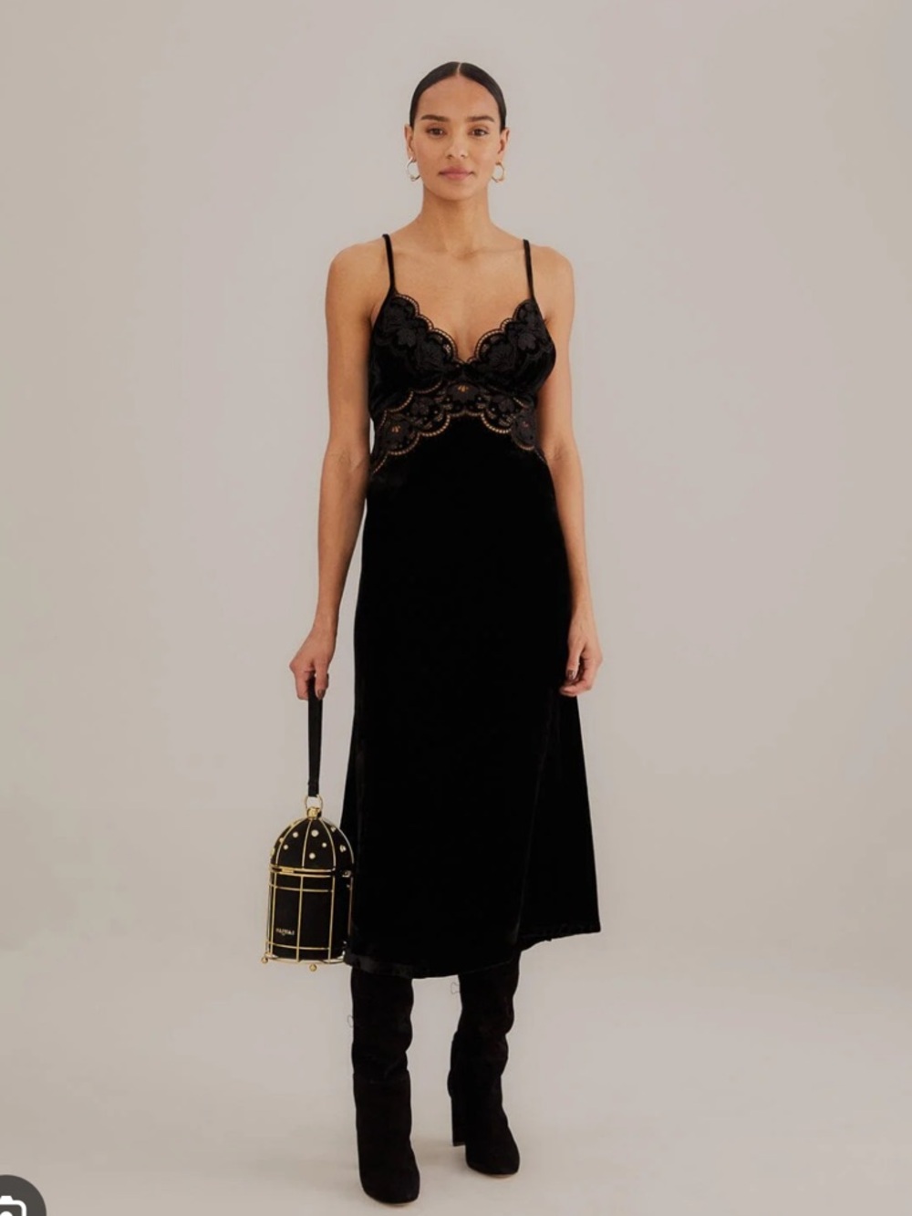 FARM Rio black velvet Richelieu midi dress